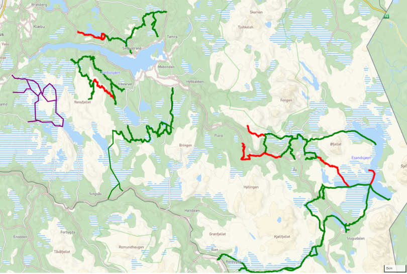 Kart som viser løypetraseene