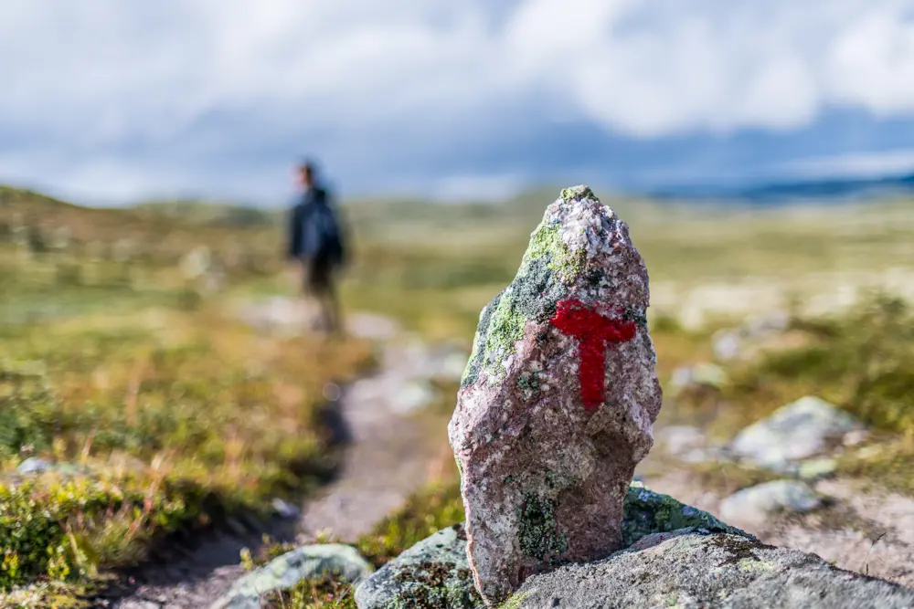 Rød T og sti i fjellet.