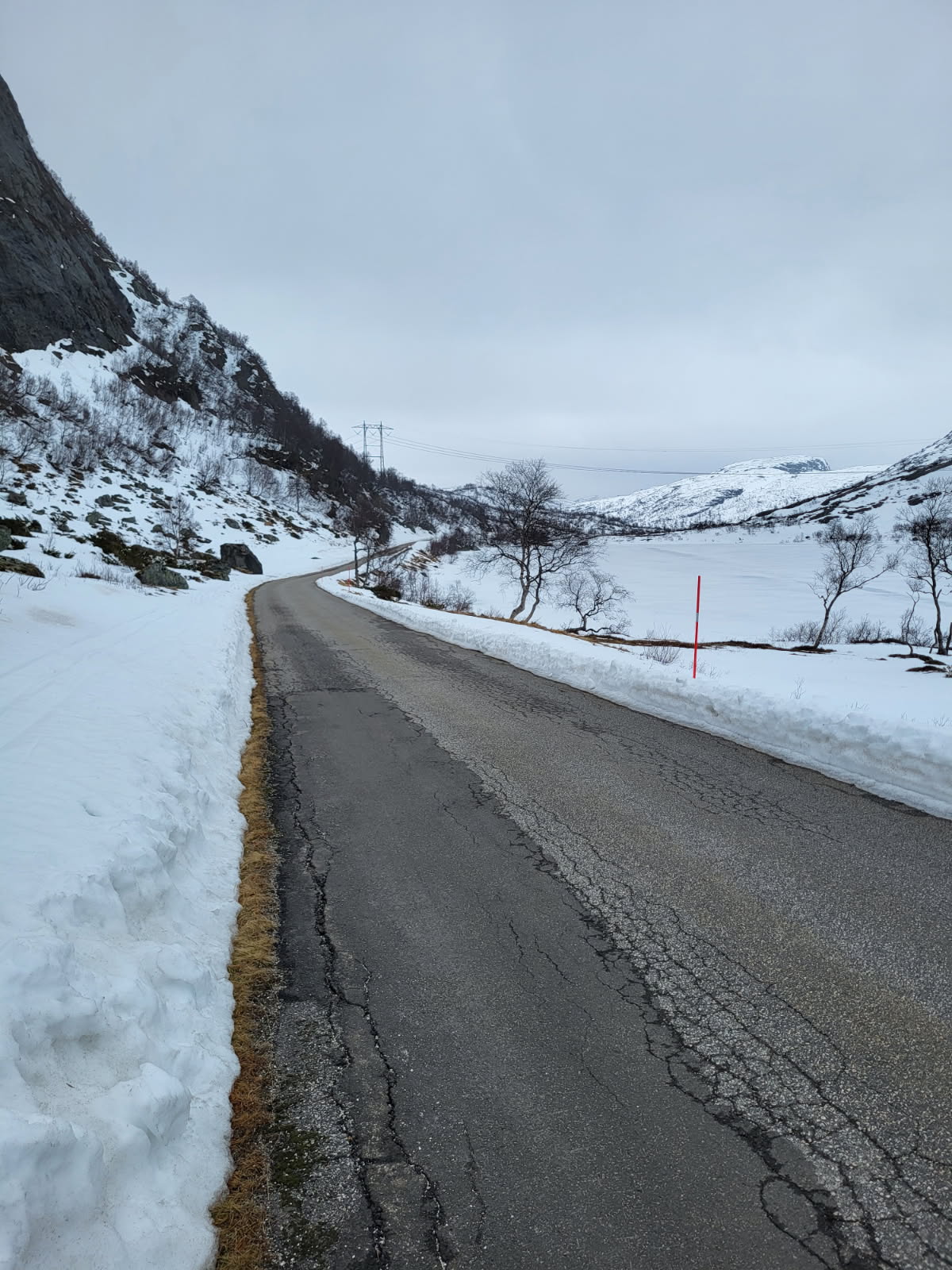 En bar vei, sn&oslash;dekket landskap p&aring; sidene.
