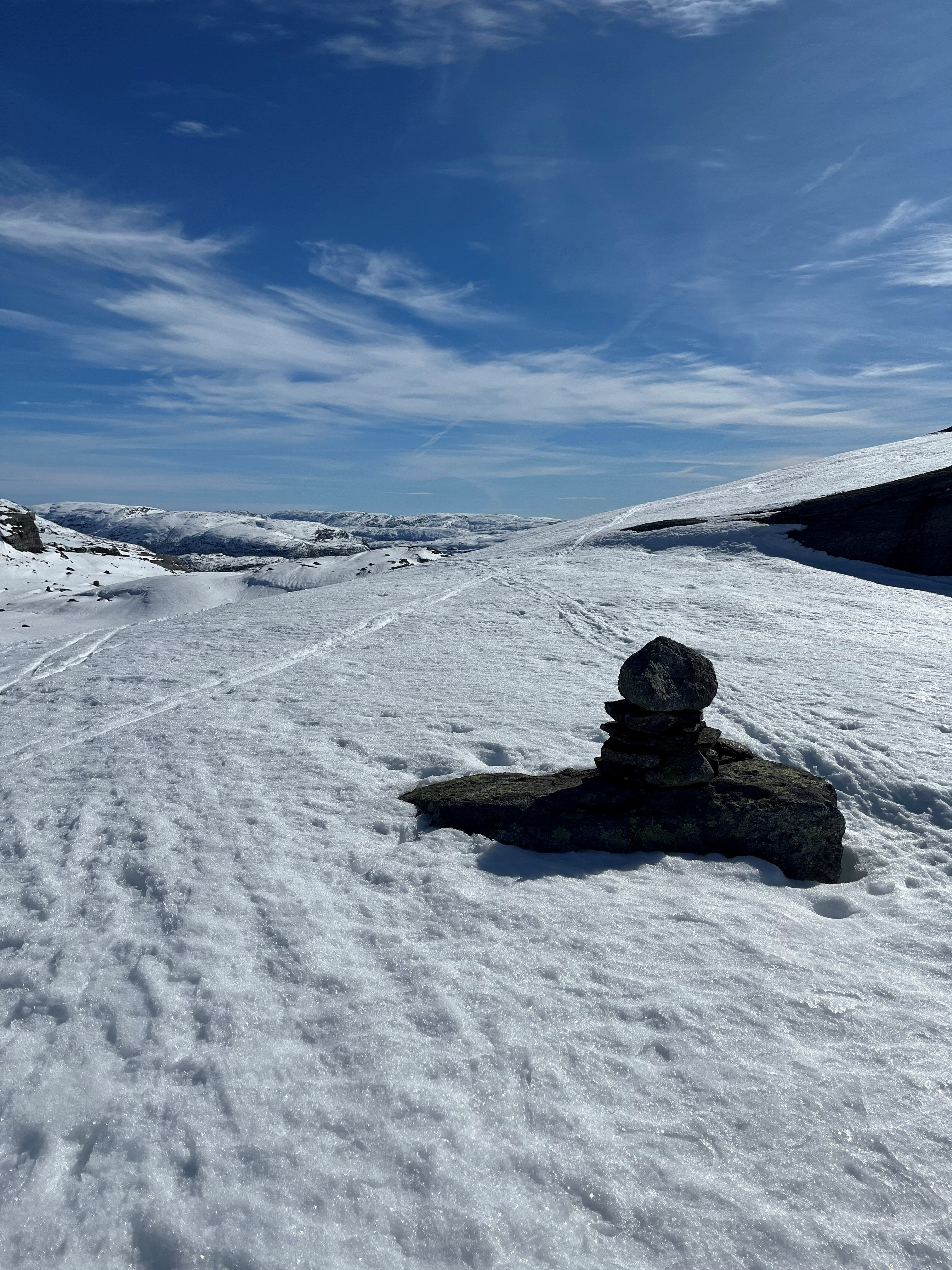 En varde med en T stikker opp av sn&oslash;en. Sn&oslash;dekt fjellandskap og bl&aring; himmel.