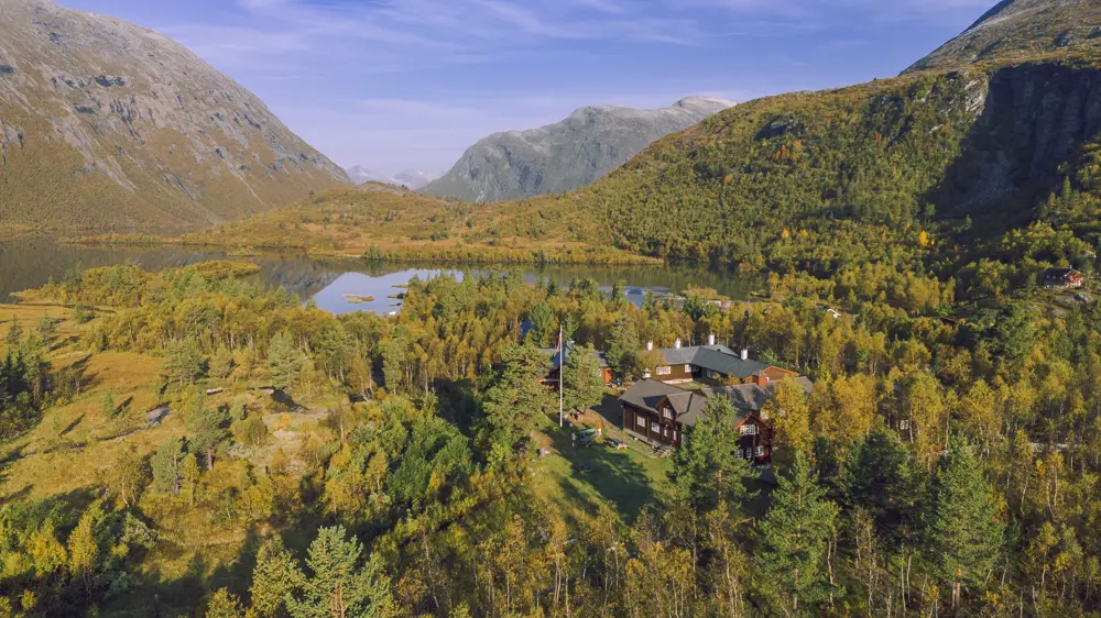 hytte mellom skog og fjell i idylliske omgivelser