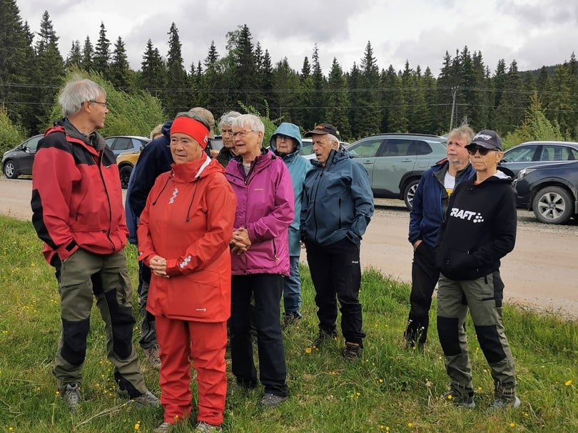 En samling mennesker ved bilene.