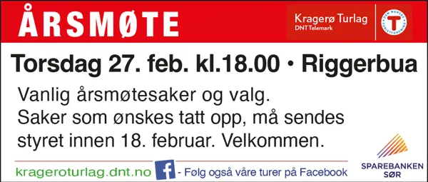 Årsmøte 27.Februar kl 18:00 i Riggerbua