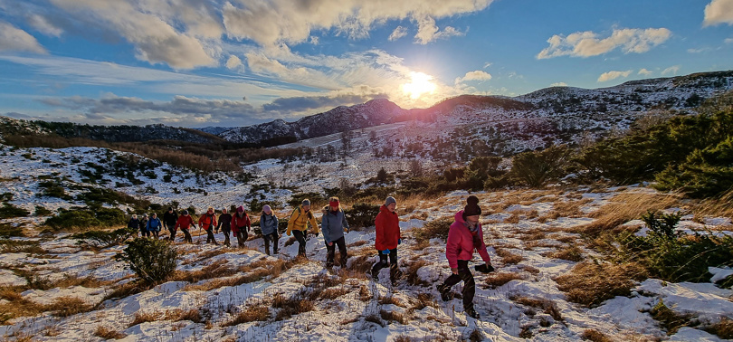 Et turfølge går oppover en sti i snødekte omgivelser.