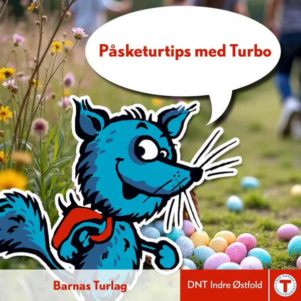 Illustrasjon av Turbo, en blå fjellrev, med fargerikepåske egg og blomster i bakgrunnen.