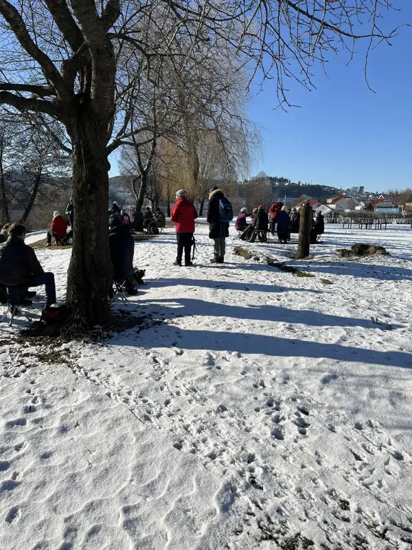 Mennesker står under et tre, det er snø på bakken
