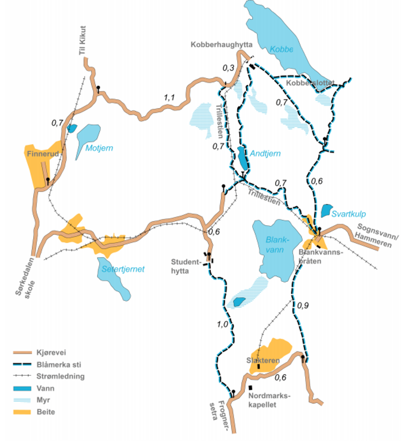 Kart over stier og ruter til Kobberhaughytta