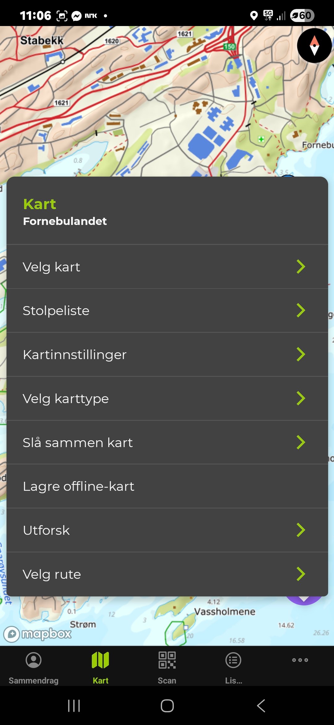 Skjermbilde av appen Stolpejakten. I menyen for å velge rute.