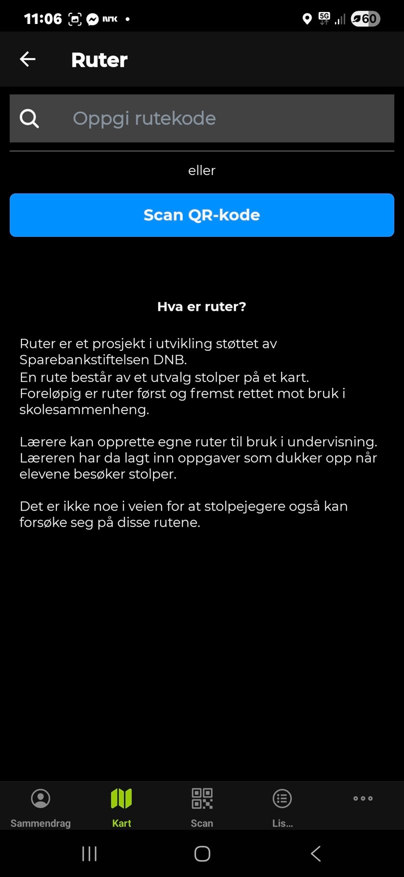 Skjermbilde av appen Stolpejakten. Søkefelt for å skrive ned kode til rute.