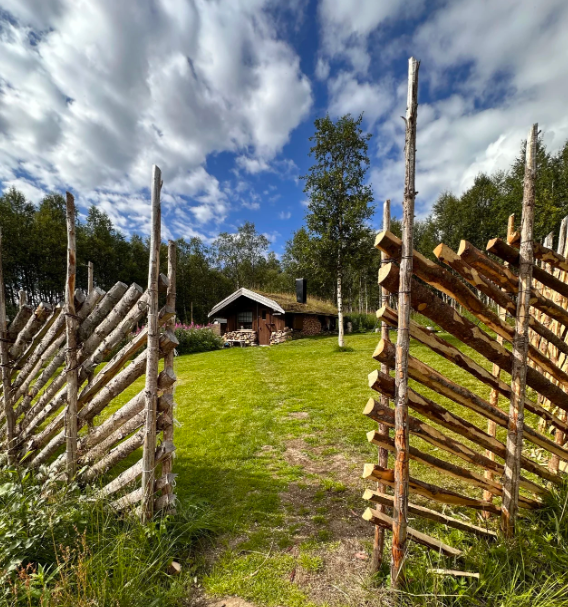 Ei hytte på et tun i sommerstid, grønt gress og noen lilla blomster. Innesluttet av et gårdsgjerde. 