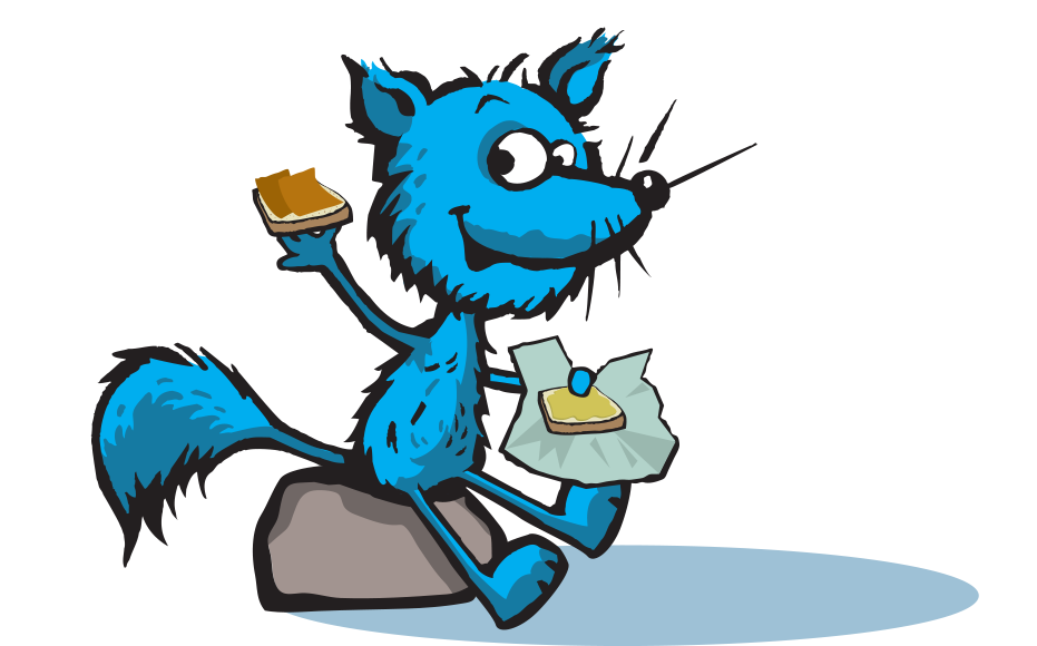 Illustrasjon av en blå fjellrev som sitter på en stein og spiser matpakke.