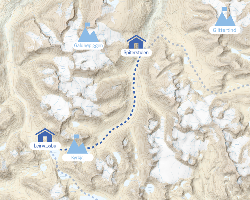 Kart over etappen fra Spiterstulen til Leirvassbu