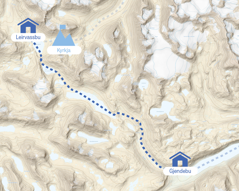 Kart over etappen fra Leirvassbu til Gjendebu