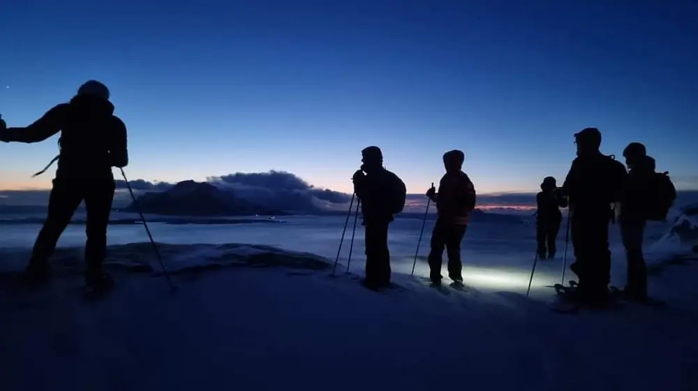 Turfølge i silhuett på Lisfjellet