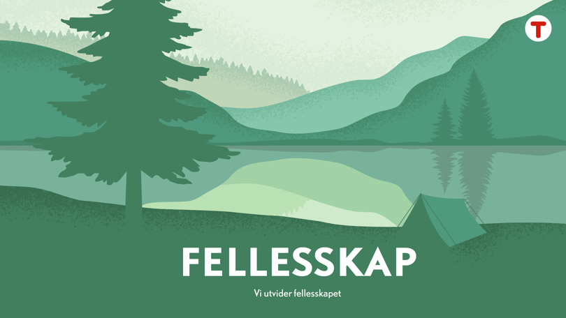 Illustrasjon av et grønt landskap med teksten felleskap over