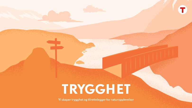 Oransje illustrasjon av en bro og et fjell