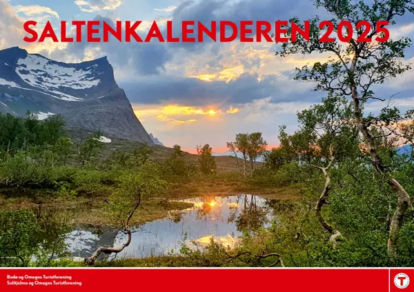 Forside av Saltenkalenderen 2025, sommerbilde med noen trær, et vann og Korsviktinden bak.