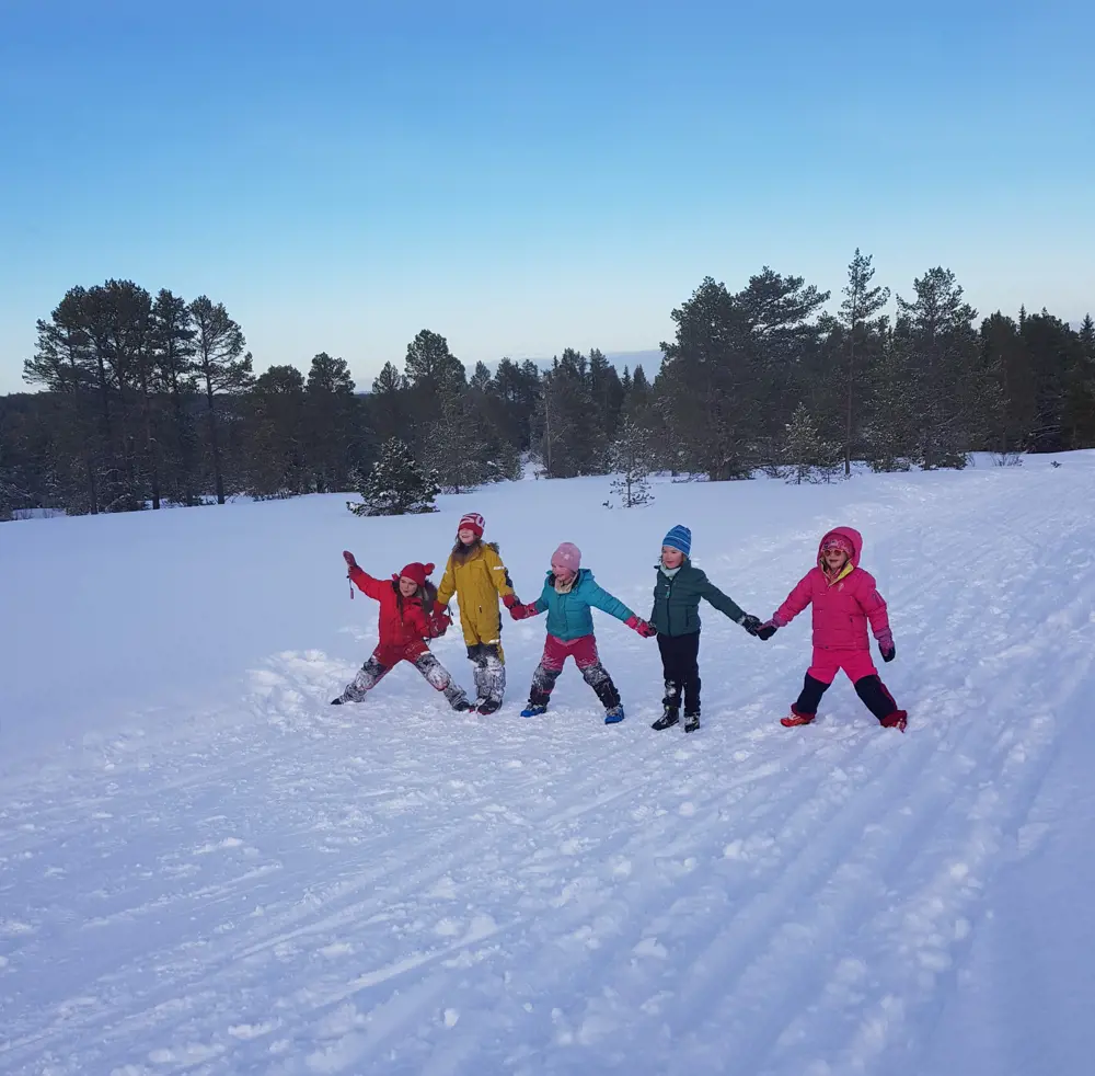 Fem barn i fargerike vinterklær som står midt i et stort felt dekket i snø, og holder hverandre i hendene i lang rekke
