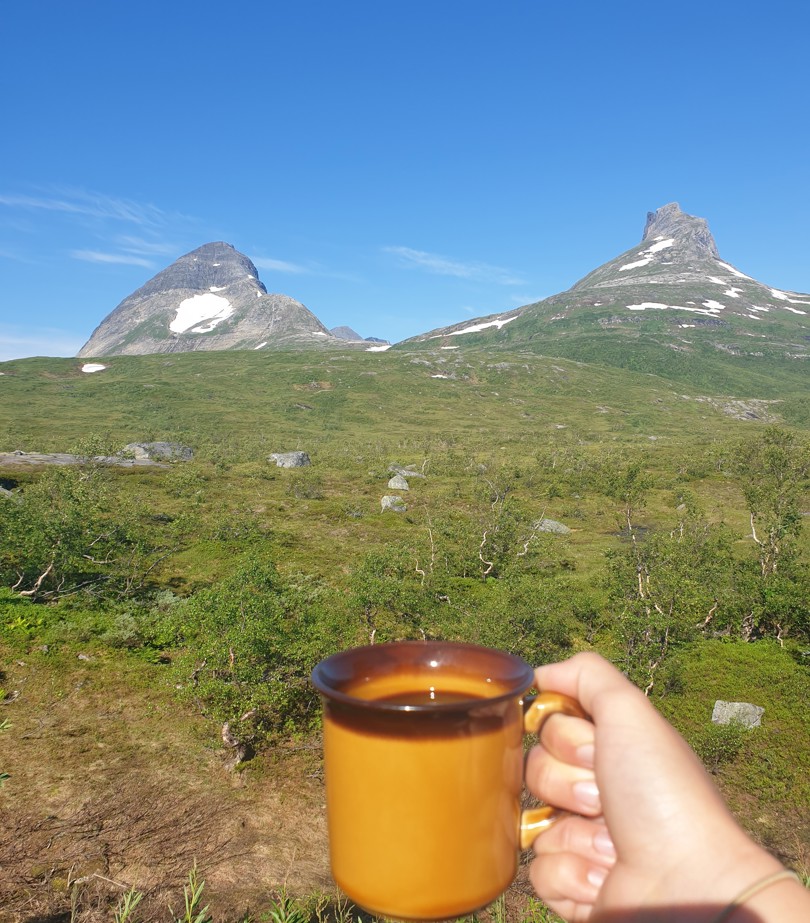 Oransje kaffekopp med utsikt til spisse fjell.