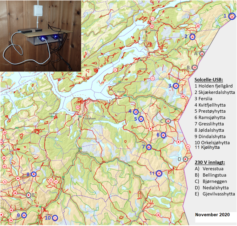 Kart over hvilke hytter som har mulighet for lading