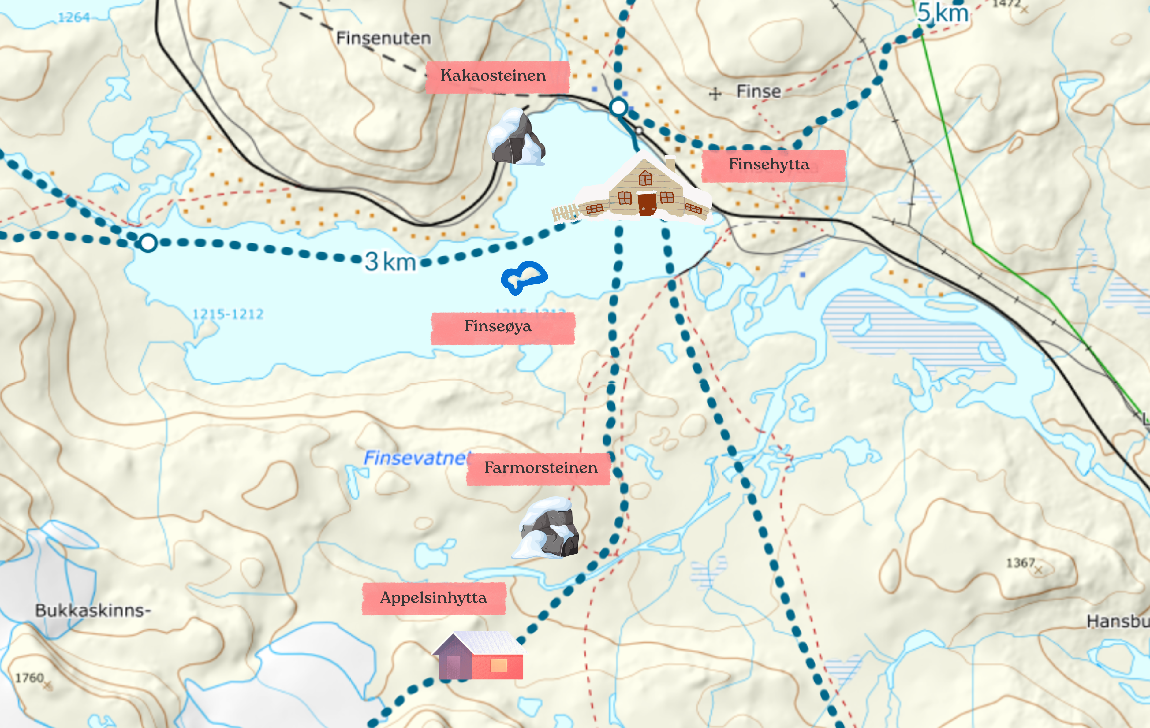 Kart med dagsturm&aring;l fra Finsehytta vinter