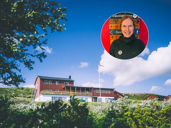En hytte på vidda blant grønne vekster under en blå himmel