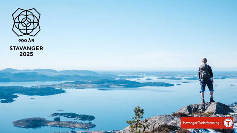 Mann står med ryggen til og nyter utsikten mot fjord. 