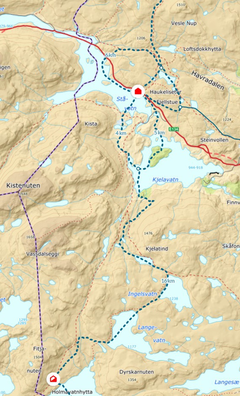 Kartutsnitt fra UT.no med vinterruter fra Haukeliseter fjellstue, Ulevåløypa nordover og Kjelaløypa og Holmavatn sørover.