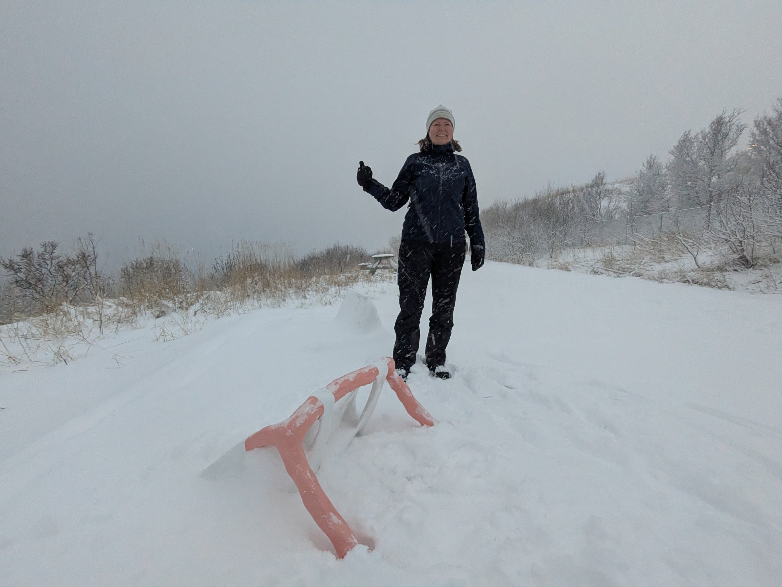 Svartkledd dame i snøhvitt terreng og ved en rødlig skulptur