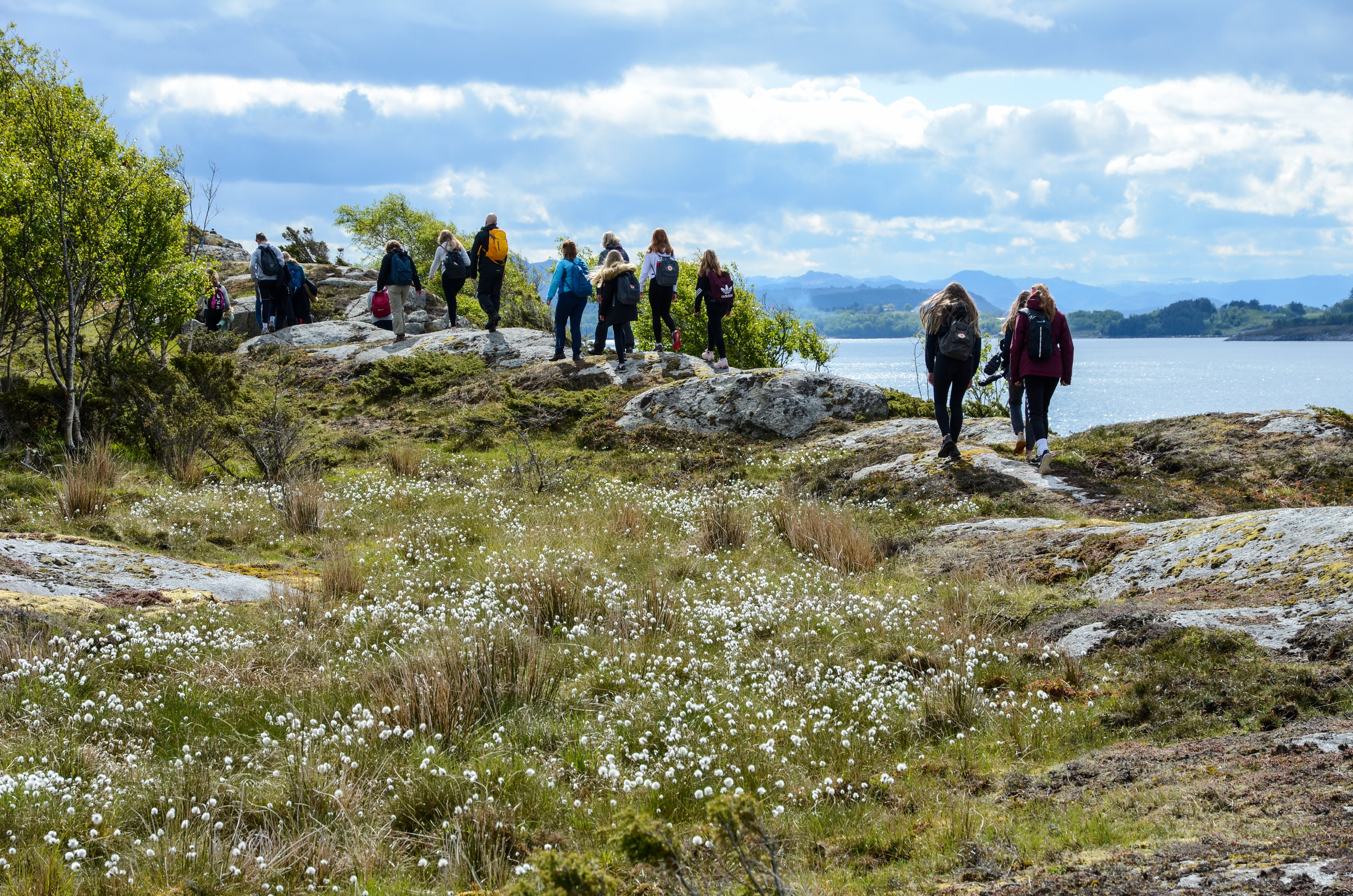 Flere personer som g&aring;r tur i et kystlandskap, med sj&oslash;en i bakgrunnen.