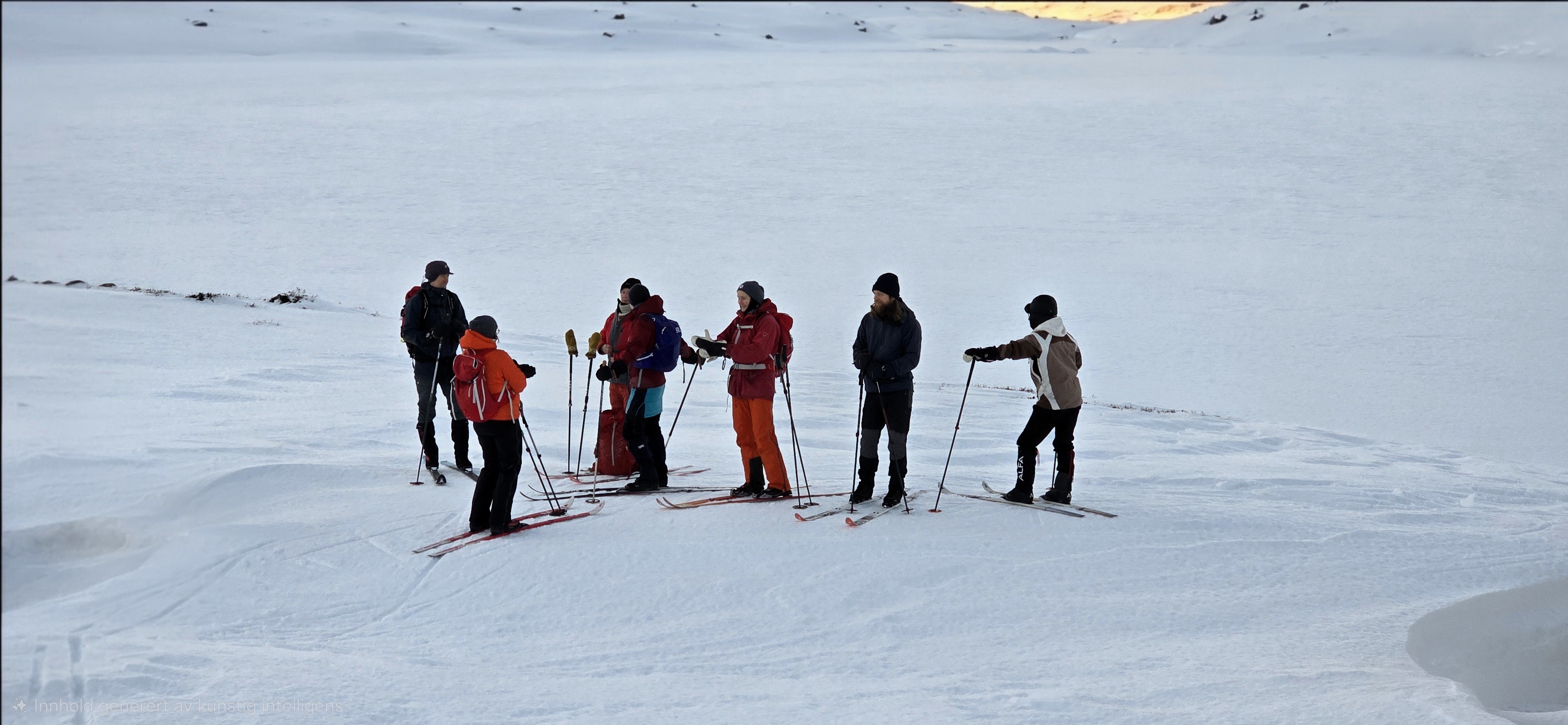 Gruppe på ski har en kort pause i et vinterlandskap på fjellet.