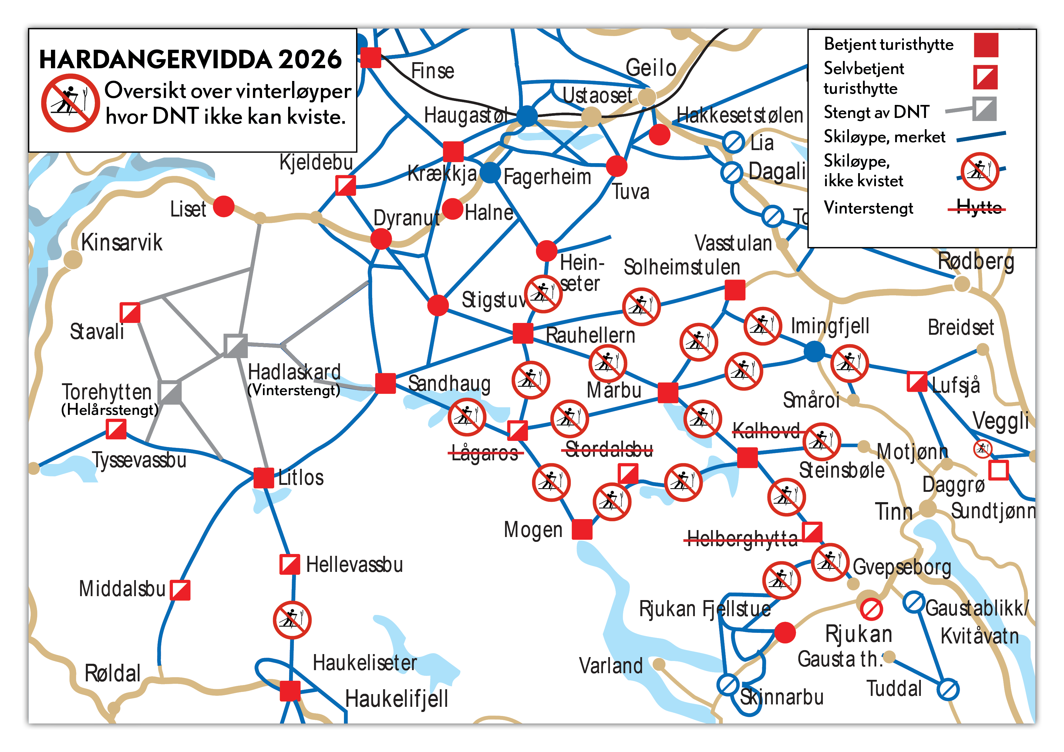 Map of closed winter routes and cabins on Hardangervidda