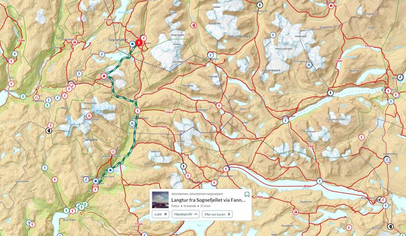 Kart turforslag Sognefjellet-Fannaråken-Utladalen