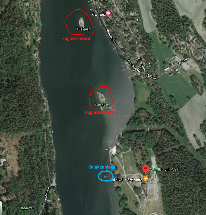 Kart over kajakkanlegget og fuglereservatet ved Breivoll Gård