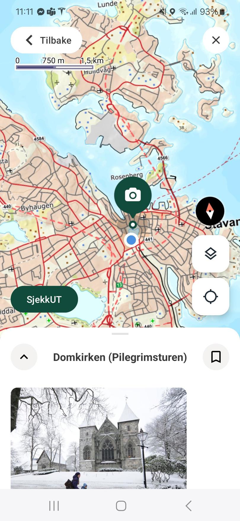Skjermbilde fra app med kart og tekst.