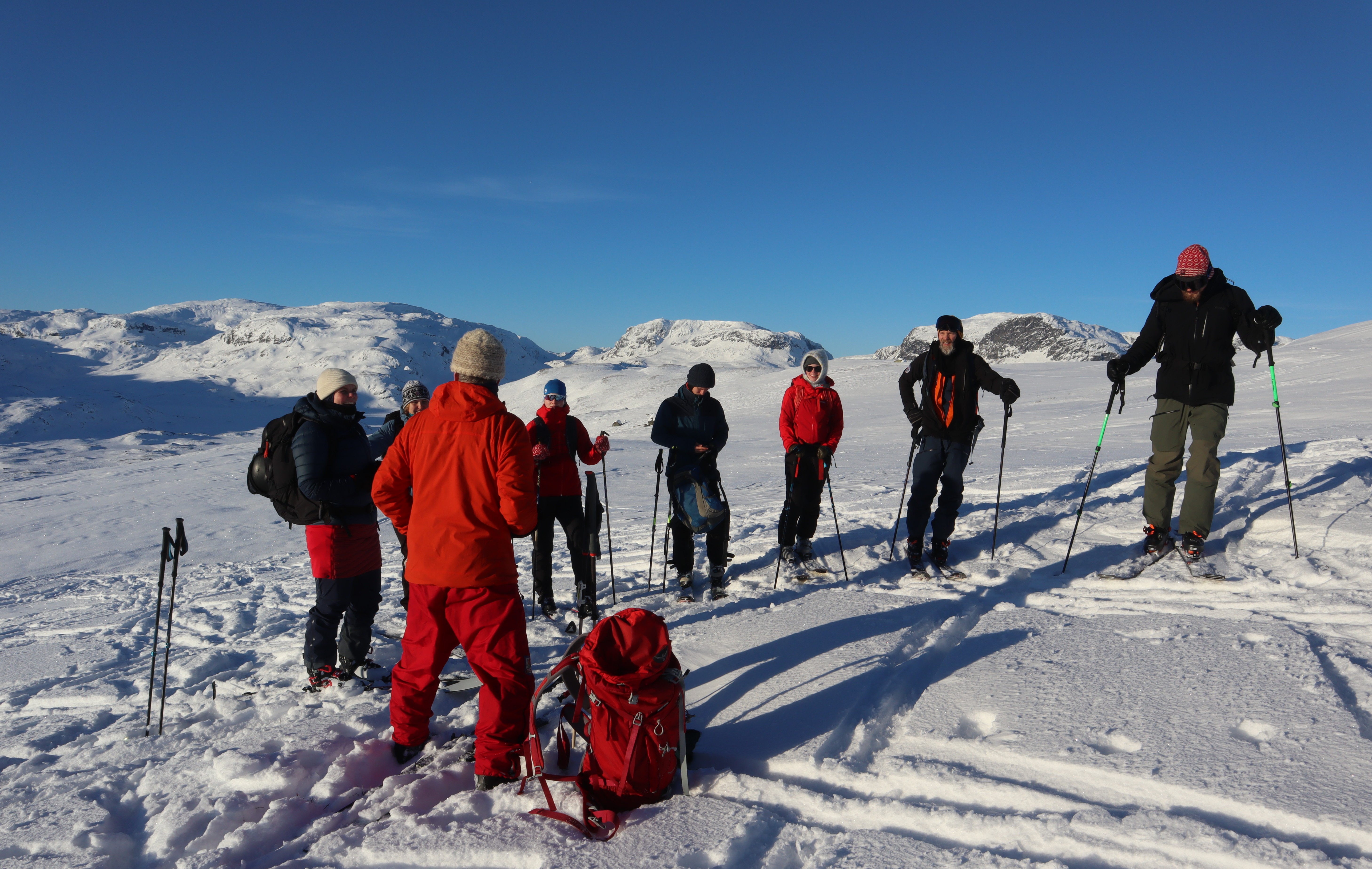 Foto. En gruppe på ski står i en halvsirkel. Blå himmel, snø og fjell.