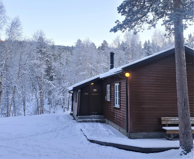Inngangspartiet til en brun hytte. Det er vinter og snø i skogen bak og på taket. Det er trær i bakgrunnen.