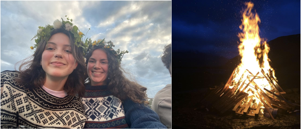 To damer med blomsterkrans og et bål