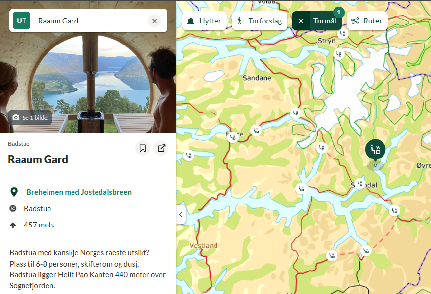 skjermbilde fra UT.no som vider en av badstuene som ligger i kartvisningen