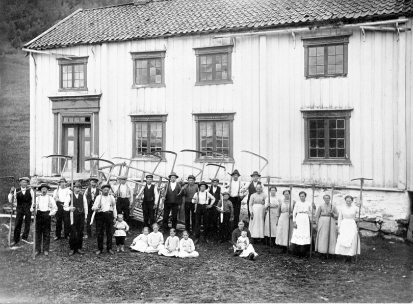Dugnad var lenge en viktig arbeidsform i det gamle bondesamfunnet. Slåtten på innmark og utmark var blant de oppgavene som folk ofte gikk sammen om, som her i Stadsbygd tidlig på 1900-tallet.