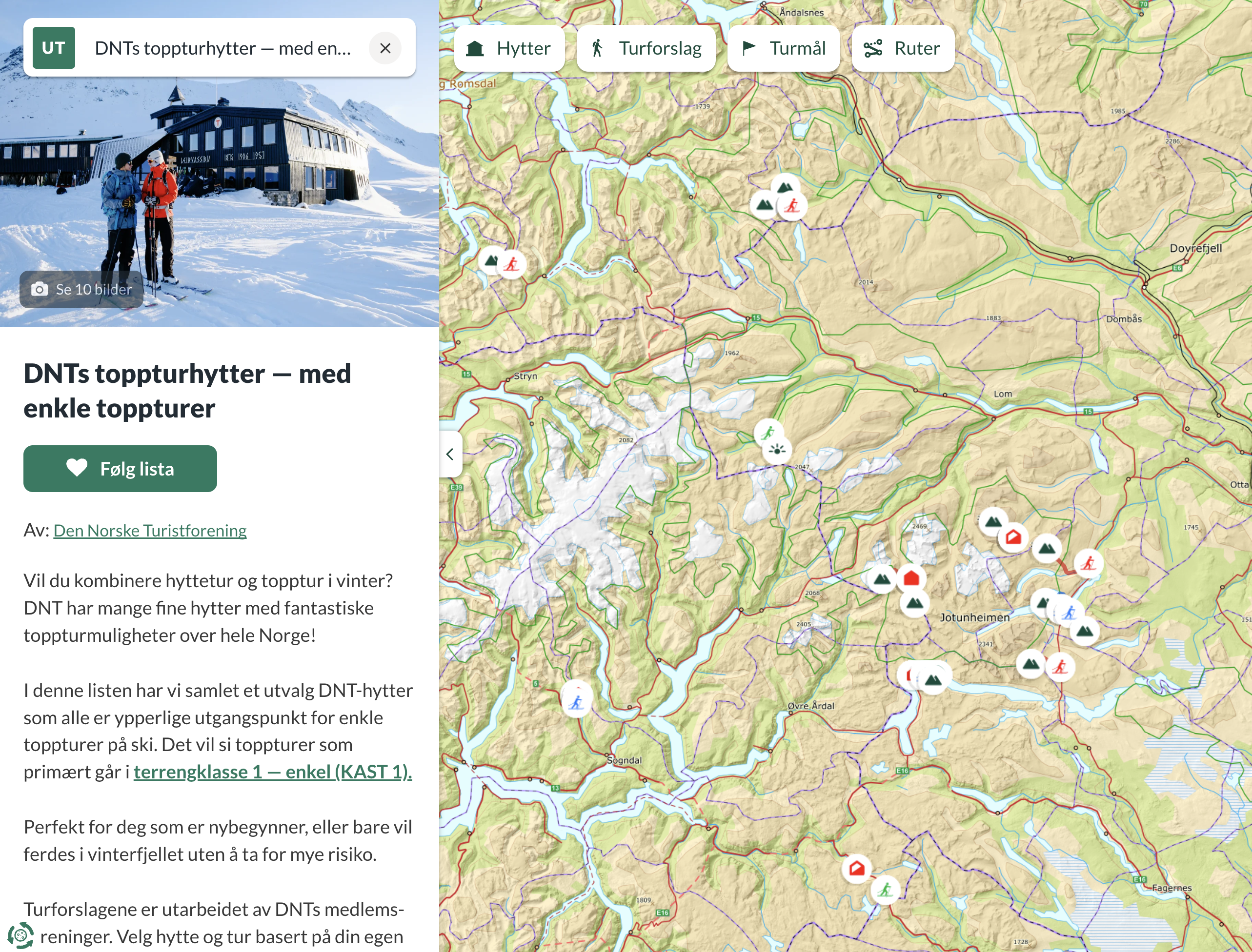Kart over turer i turportalen ut.no