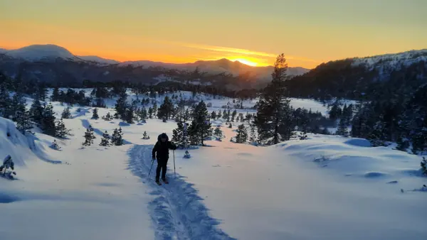 skigåer i solnedgang