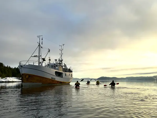Bildet viser padlere på fjorden.