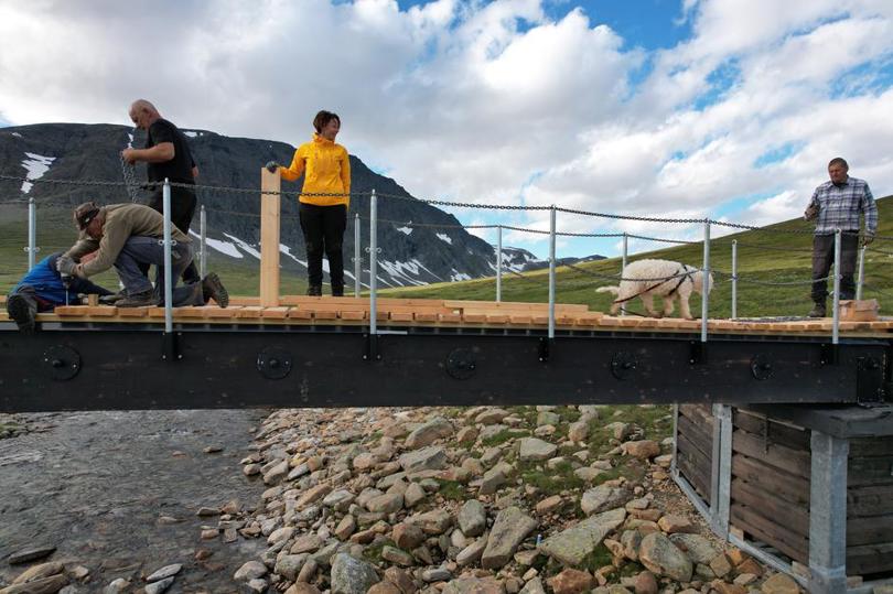 Folk driver og jobber på en bru