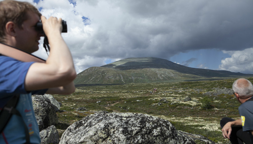 Mann i blå t-skjorte ser i kikkert utover et fjellområde.