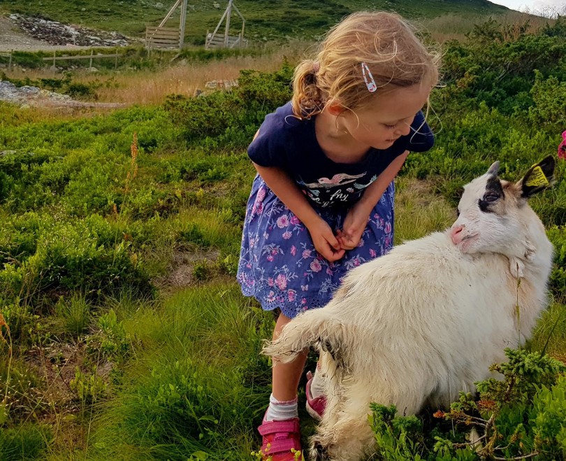 Jente koser med geitekilling i fjellet