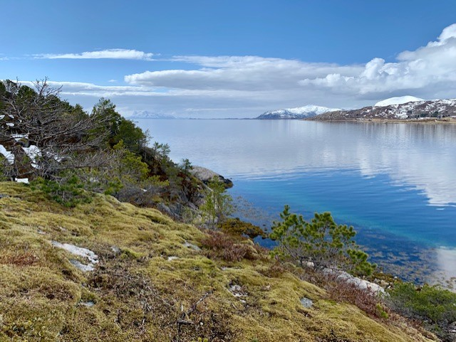 Bl&aring;tt hav med delvis sn&oslash;dekte fjell i bakgrunnen