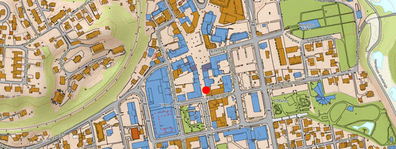 Kartutsnitt over Hønefoss sentrum.