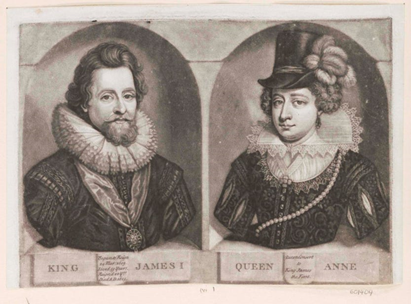 Gamle bilder av kong James og fronning Anne