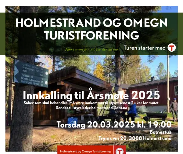 skjermbilde av innkallelse, hvor det er bilde av ei hytte med infotekst over. 